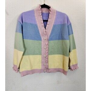 Pastel Rainbow Cardigan Sweater Women's L Ruffle Trim Pearl Button Colorblock